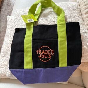 Trader Joe's Black and Purple Tote Bag with Green Handles